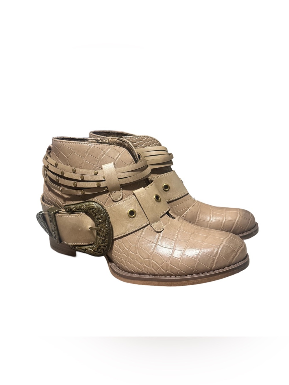 Pierre Dumas Western Ankle Booties Women's 6 Snake Print Buckle Tan Block Heel